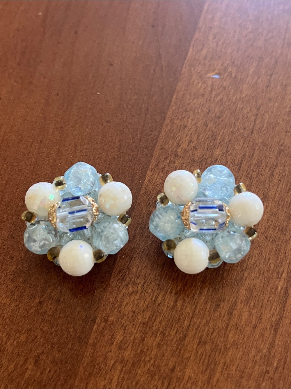 Vintage Blue and White Beaded Floral Clip-On Earrings